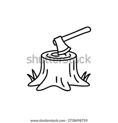 Black and white vector illustration of tree stump with axe symbolizing deforestation and ecosystem destruction