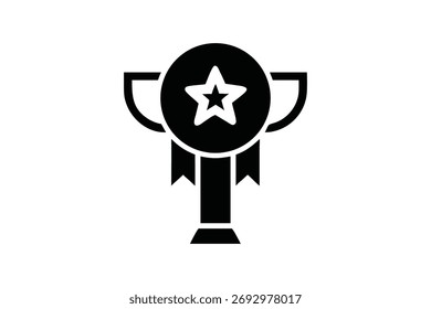 Eine schwarz-weiße Vektorgrafik einer Trophäe mit einem Stern, einzeln auf weißem Hintergrund. Die Trophäe steht für Leistung, Erfolg und den Sieg in Wettbewerben.