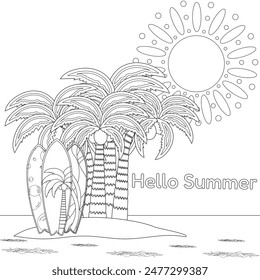 Black and white vector illustration of a tropical island with palm trees, surfboards, and a sun, perfect for a summertime coloring page.