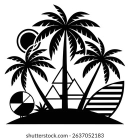 Black and white vector illustration of a tropical beach scene with palm trees and surfboard