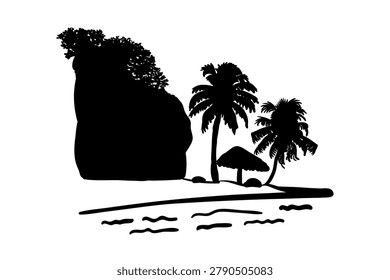 Black white vector illustration of a tropical beach scene featuring a large rock formation, palm trees, a thatched hut, ocean waves. Simple, minimalist design suitable for travel vacation concepts