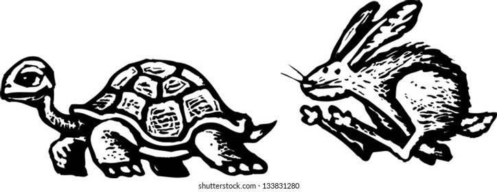 Black and white vector illustration of turtle and hare