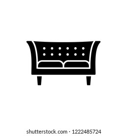 Black & White Vector Illustration Of Tuxedo Sofa. Modern Chesterfield. Flat Icon Of Settee. Home & Office Furniture. Isolated Object On White Background