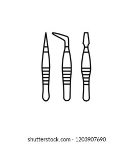 Black & white vector illustration of tweezers set. Line icon of different pincers. Tool for beauty salon, handicraft projects, decoupage, scrapbook. Isolated objects on white background