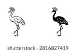 Black and white vector illustration of two crowned cranes standing in profile, designed for nature-themed graphic projects, emblems, or minimalist wildlife icons.