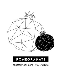 Black and white vector illustration of two pomegranates in polygonal style. Can be used as a print for textiles, paper, clothes, T-shirts, dishes, souvenirs, food packaging