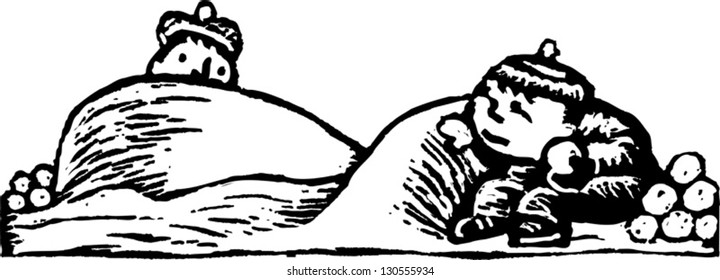 Black and white vector illustration of two kids having a snowball fight