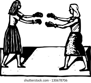 Black and white vector illustration of two women fighting