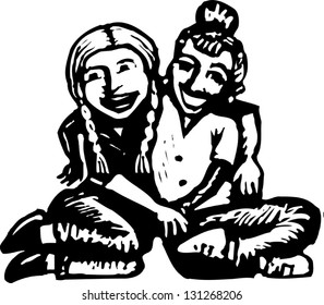 Black and white vector illustration of two happy girls