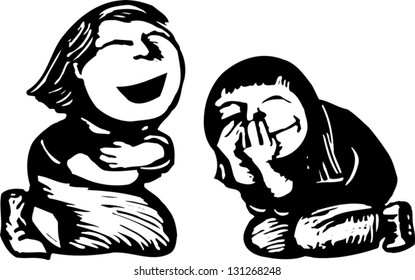Black and white vector illustration of two girls laughing and giggling