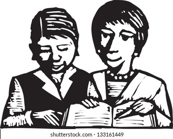 Black and white vector illustration of two women looking at a calendar