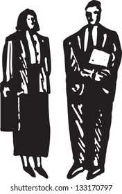 Black and white vector illustration of two business people