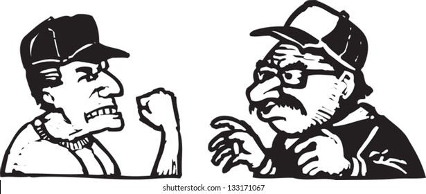Black and white vector illustration of two men arguing at ballgame