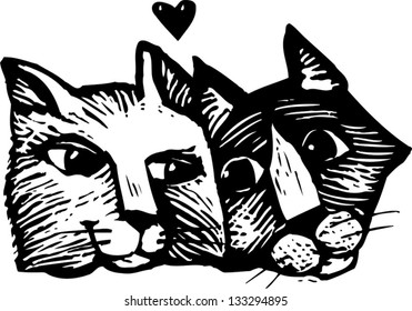 Black and white vector illustration of two cats in love