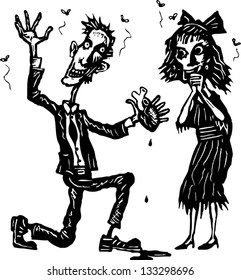 Black and white vector illustration of two zombies in love