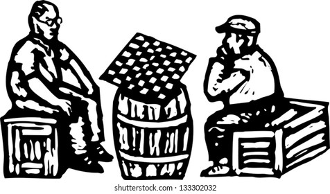 Black and white vector illustration of two senior men playing chess