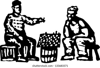 Black and white vector illustration of two boys playing chess