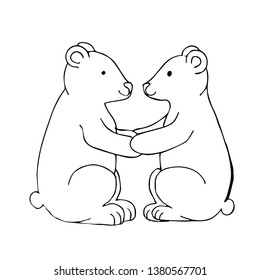 Black white vector illustration. Two polar bears sit facing each other and hold on to their paws. Template for a romantic greeting card. Coloring page.