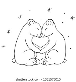 Black white vector illustration. Two polar bears sit under a starry sky and hold on to their paws. Template for a romantic greeting card. Coloring page.