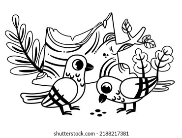 Black and white vector illustration of two pigeons in nature.
