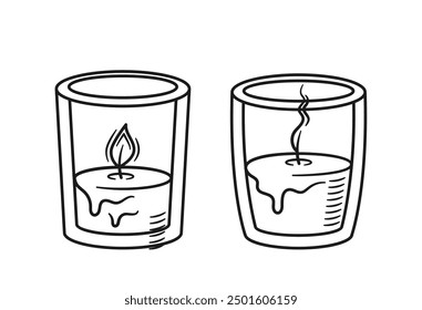 Black And White Vector Illustration Of Two Candles In Glass Holders. One Candle Is Lit, While The Other Is Extinguished