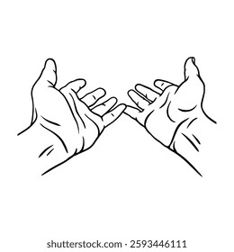 Black and white vector illustration of two open human hands reaching out. Minimalist line art design, symbolizing giving, help, hope, support, connection, spirituality, and communication.