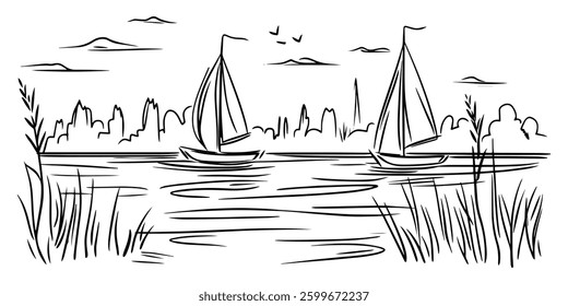 black and white vector illustration of two sailboats sailing on a calm lake, with tall grass in the foreground and a distant city skyline
