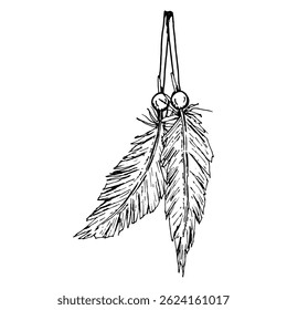 Ilustração de vetor preto e branco de duas penas de suspensão detalhadas com contas, desenhadas em estilo de tinta esotérica. Ideal para design étnico, elementos de captura de sonhos, artesanato ou visuais espirituais.