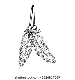 Black and white vector illustration of two hanging feathers with beads, in hand drawn style. Perfect for children s crafts, boho-themed kids rooms, DIY activities, and creative educational projects.