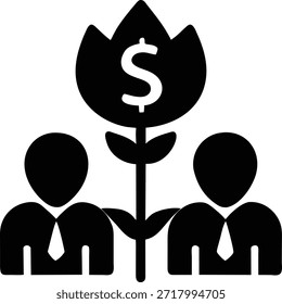 Ilustración vectorial en blanco y negro de dos hombres de negocios de pie junto a un árbol de dinero. Simboliza el crecimiento del negocio, la inversión, las ganancias, el éxito y el trabajo en equipo. Perfecto para presentaciones, Sitios web e informes de negocios.