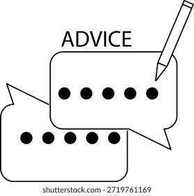 Ilustración vectorial en blanco y negro de dos burbujas del habla superpuestas con una elipsis (tres puntos) en el interior, y un lápiz escribiendo la palabra "CONSEJO" arriba. Este sencillo icono de esquema representa el Comentarios, la comunicación, las sugerencias o una solicitud de orientación en un contexto de chat o mensajería.
