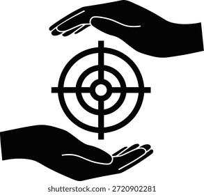 Una Ilustración vectorial en blanco y negro de dos manos que acopla un símbolo de objetivo, que representa la protección de la meta, el enfoque y la gestión de objetivos estratégicos. Este icono minimalista simboliza la precisión, la seguridad y el logro de objetivos comerciales.