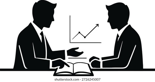 Uma ilustração vetorial em preto e branco de dois homens sentados em uma mesa, envolvidos na discussão sobre um livro aberto e um gráfico mostrando uma tendência ascendente