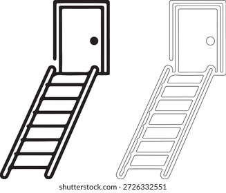 Una Ilustración vectorial en blanco y negro de dos escaleras que conducen a las puertas, una llena y otra perfilada, sobre un fondo blanco puro con líneas detalladas.