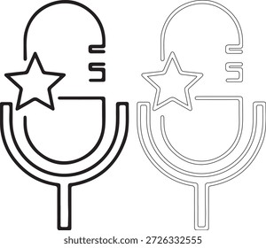 Una Ilustración vectorial en blanco y negro de dos micrófonos con una estrella en el lado izquierdo, uno rellenado y otro delineado, sobre un fondo blanco puro.