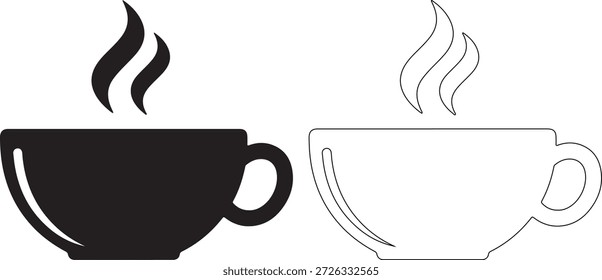 Ilustración vectorial en blanco y negro de dos tazas de café con el vapor que sube, uno negro sólido y uno delineado, en un fondo blanco