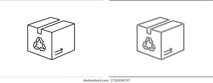 Ilustración vectorial en blanco y negro de dos cajas de reciclaje con símbolos ecológicos en los lados, aislados sobre fondo blanco