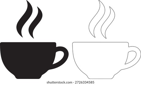 Una Ilustración vectorial en blanco y negro de dos tazas de café con vapor, una llena y otra perfilada, sobre un fondo blanco
