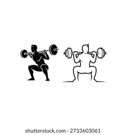Una Ilustración vectorial en blanco y negro de dos hombres haciendo sentadillas con pesas, mostrando una rutina de ejercicios, con una figura en negro sólido y la otra en contorno