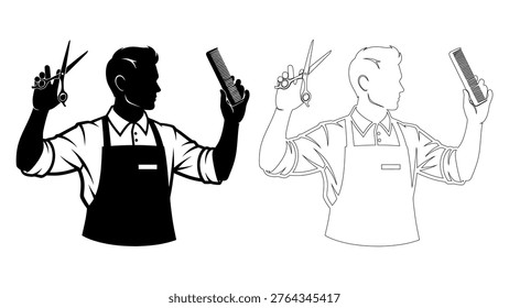 A black and white vector illustration of two barbers, one in silhouette and one outlined, each holding scissors and a comb in their hands, wearing aprons and shirts