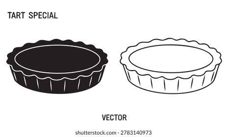 Black and white vector illustration of two tart or pie pans, one solid silhouette and one outlined, with text “tart special” and “vector” on white background.