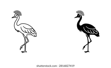 Black and white vector illustration of two crowned cranes standing in profile, designed for nature-themed graphic projects, emblems, or minimalist wildlife icons.