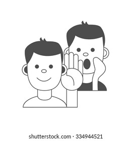 Black and white vector illustration of two man sharing a secret. Concept for friendship, revealing secrets, good news, gossip, hear confidences etc.