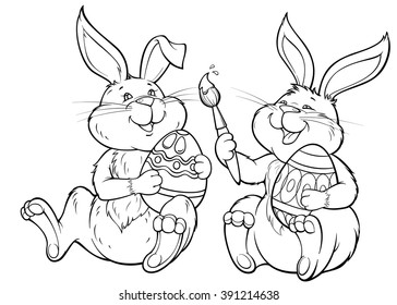 Black and white vector illustration with  two happy lovely rabbits paint the easter eggs.