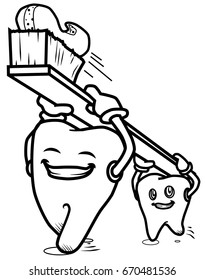 A black and white vector illustration of two teeth smiling and marching while holding a toothbrush with toothpaste on it above their heads.