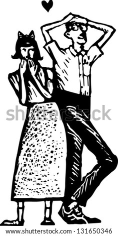Black and white vector illustration of two nerds in love