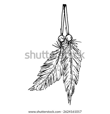 Black and white vector illustration of two detailed hanging feathers with beads, drawn in esoteric ink style. Ideal for ethnic design, dreamcatcher elements, crafts, or spiritual visuals.