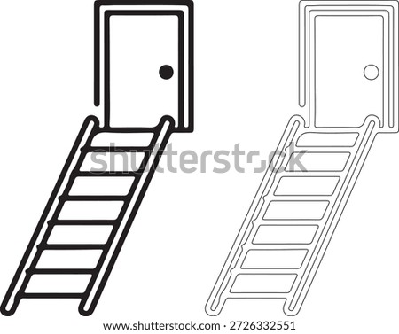 A black and white vector illustration of two staircases leading to doors, one filled and one outlined, on a pure white background with detailed lines.