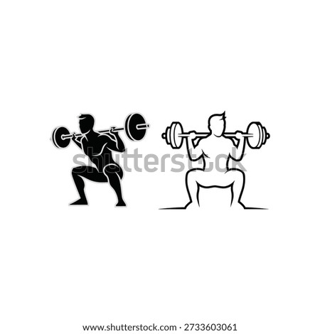 A black and white vector illustration of two men performing squats with barbells, showcasing a fitness routine, with one figure in solid black and the other in outline