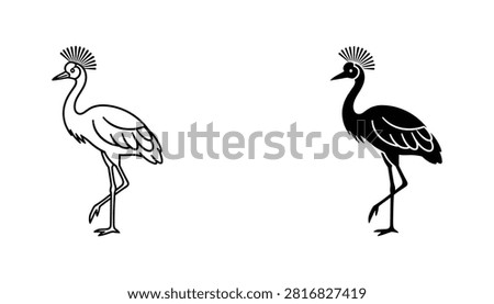 Black and white vector illustration of two crowned cranes standing in profile, designed for nature-themed graphic projects, emblems, or minimalist wildlife icons.